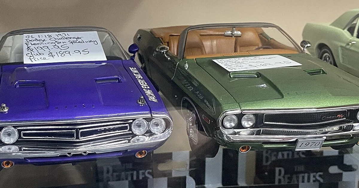 2 Diecast model Dodge Challenger cabriolets on display at Kollectable Kaos off Research Road, Pooraka